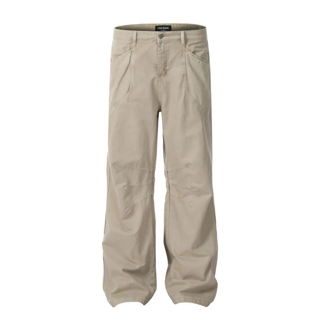 Men's brown loose straight-leg trousers with high waist and zipper fly