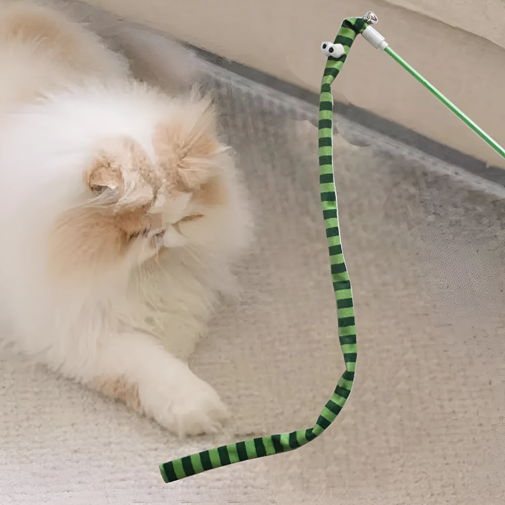 Cat wand toy with colourful plush strip attached to polycarbonate pole
