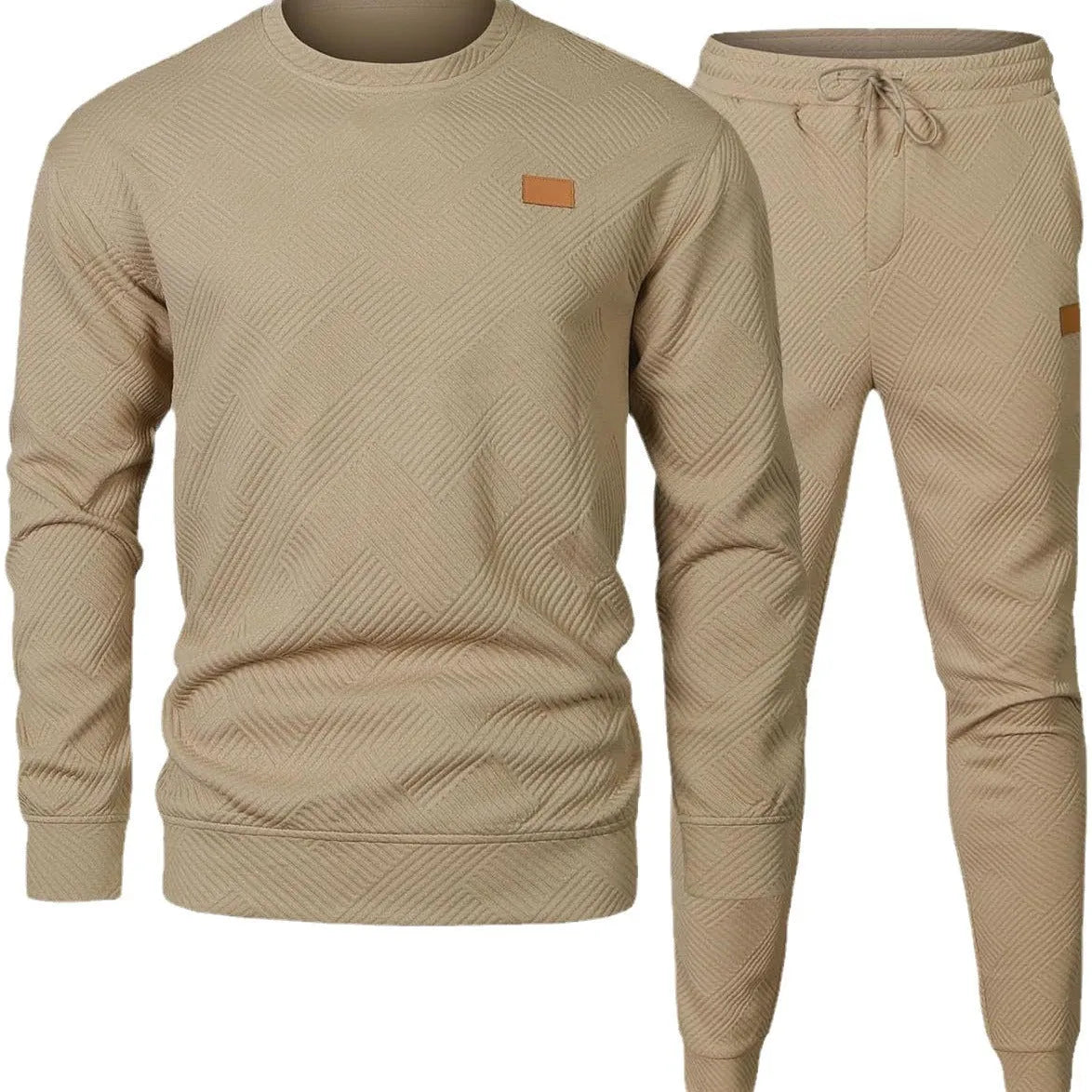 Men's round neck jacquard sweater set with long sleeve top and matching trousers in black