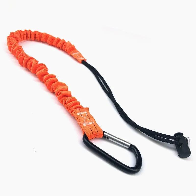 Orange fishing rod fall protection safety rope showing 90cm length and connection hardware
