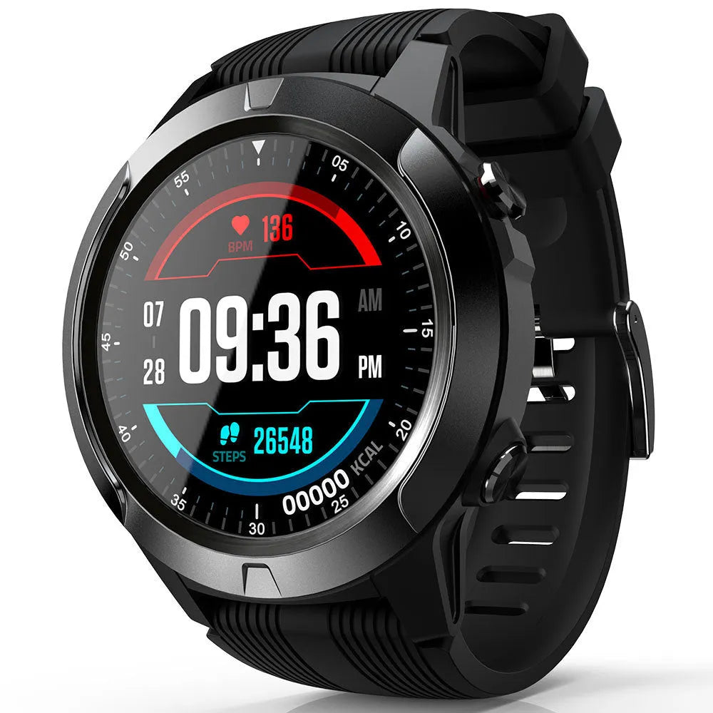 Black men's smart watch with Bluetooth call functionality and fitness tracking features on wrist