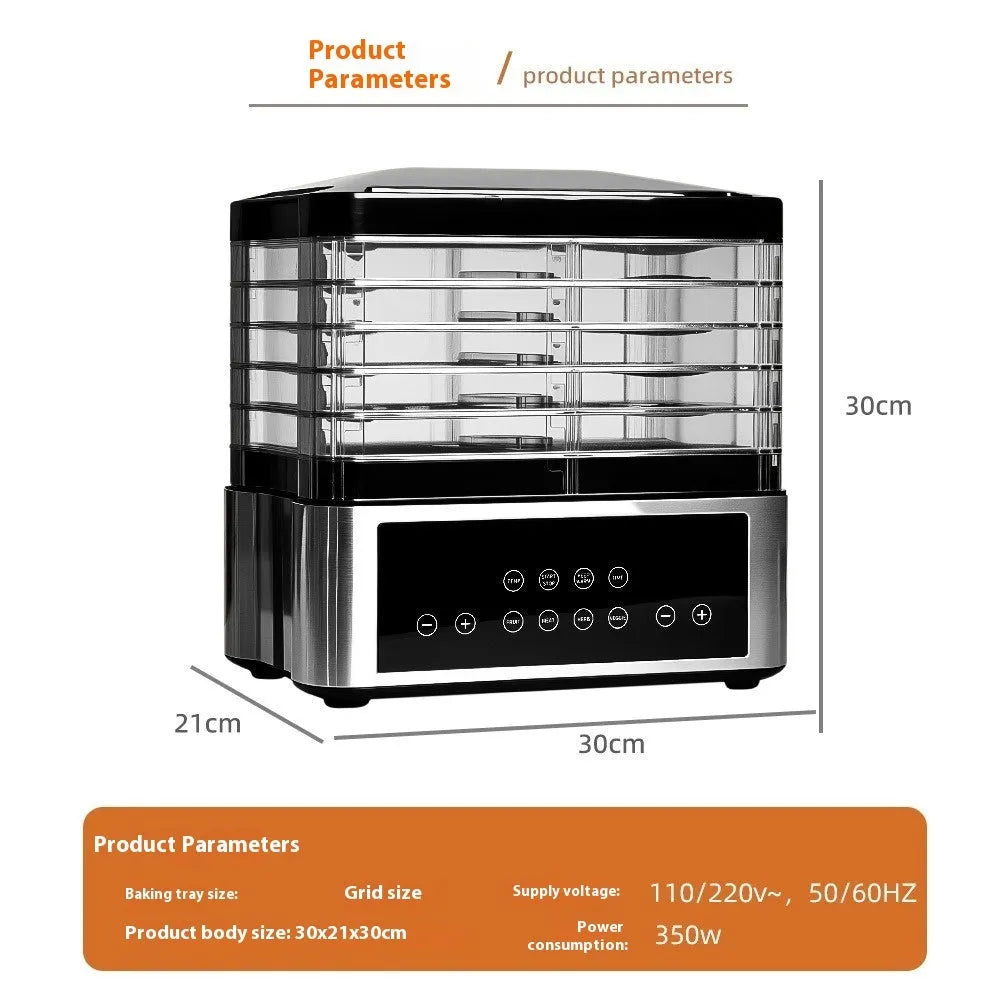 Silver stainless steel fruit dehydrator with 14 litre capacity and digital temperature control display