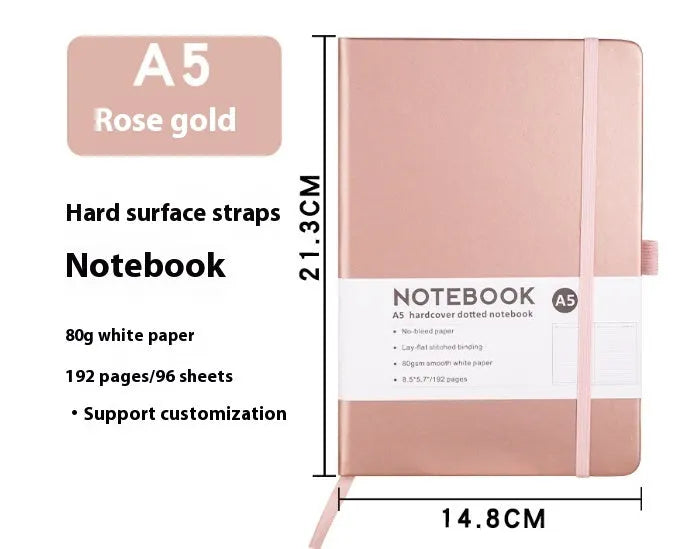 A5 soft touch PU leather notebook open on lined pages, shown in multiple colour options.