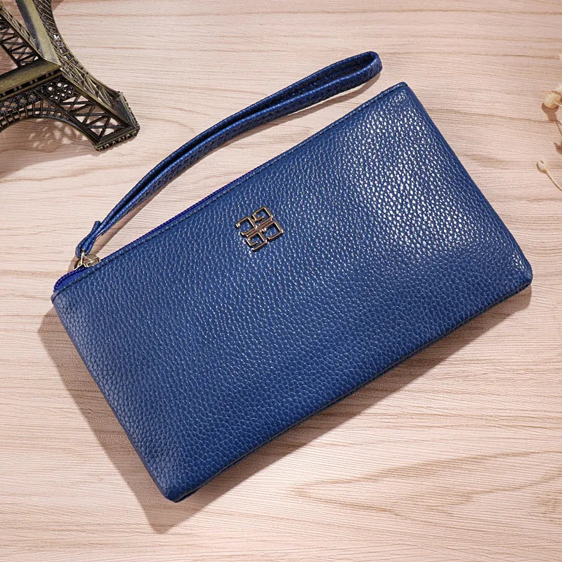 Long black PU leather wallet handbag with a zipper, shown open, sized for a 55-inch mobile phone.