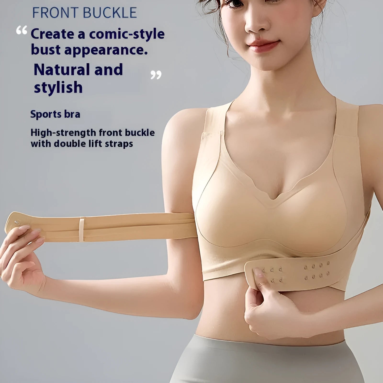 Women's front buckle cross back yoga sports bra in black, white, and nude colours