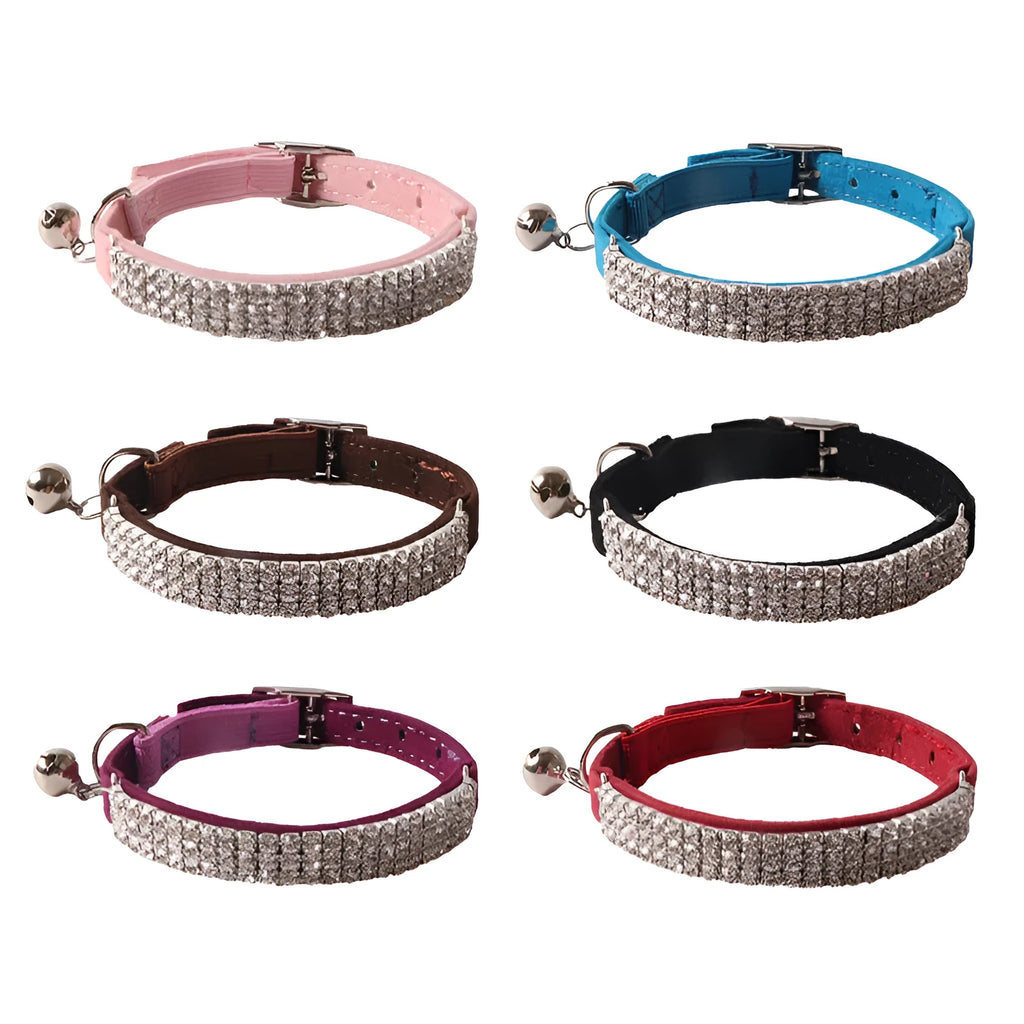 A flocking material cat collar with a flannel lining and an elastic buckle, shown in one of six colours.