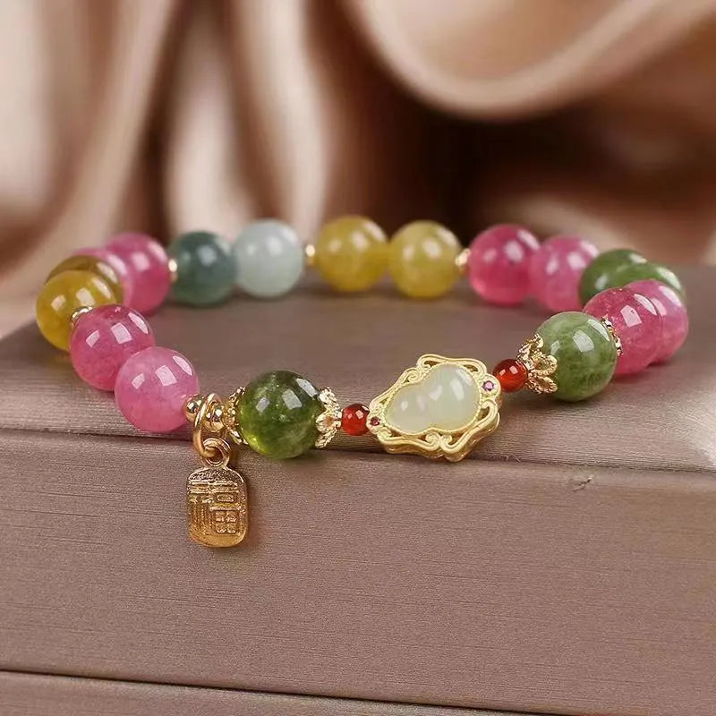 Colourful tourmaline gourd blessing card bracelet with flower design for women