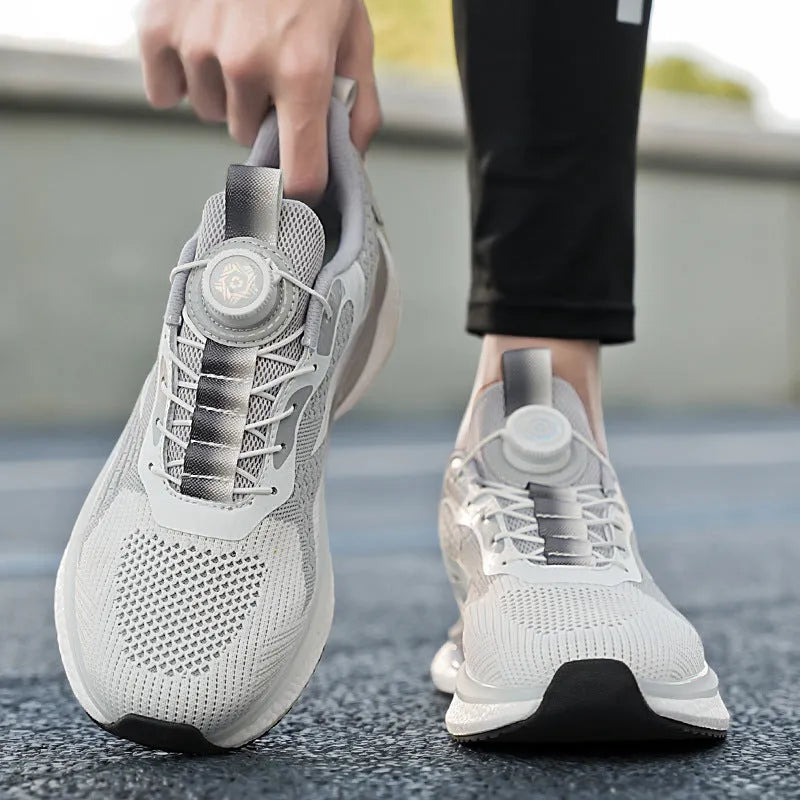 Rotating buckle running shoes in white with breathable mesh upper and low-top design
