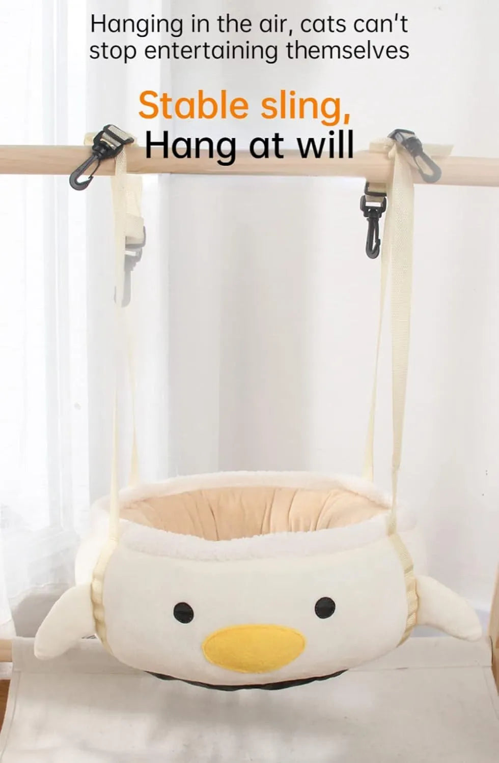 Green chick-shaped cat bed shown both flat and hanging as a hammock, for small pets.