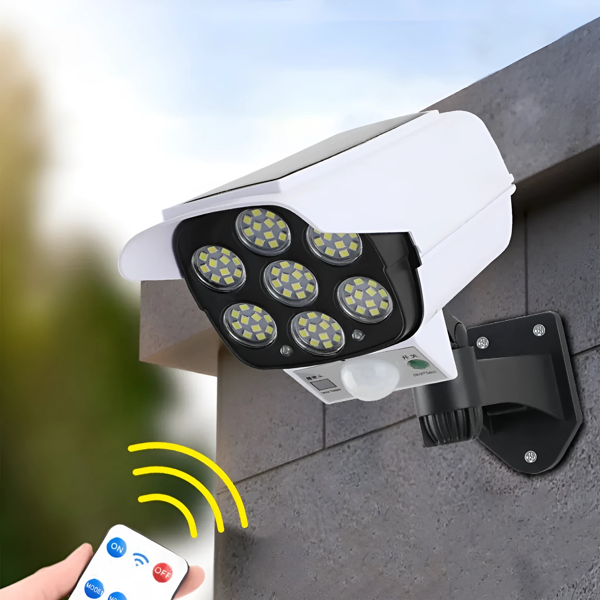 Abstract design solar-powered security lamp with motion sensor for outdoor wall or courtyard installation