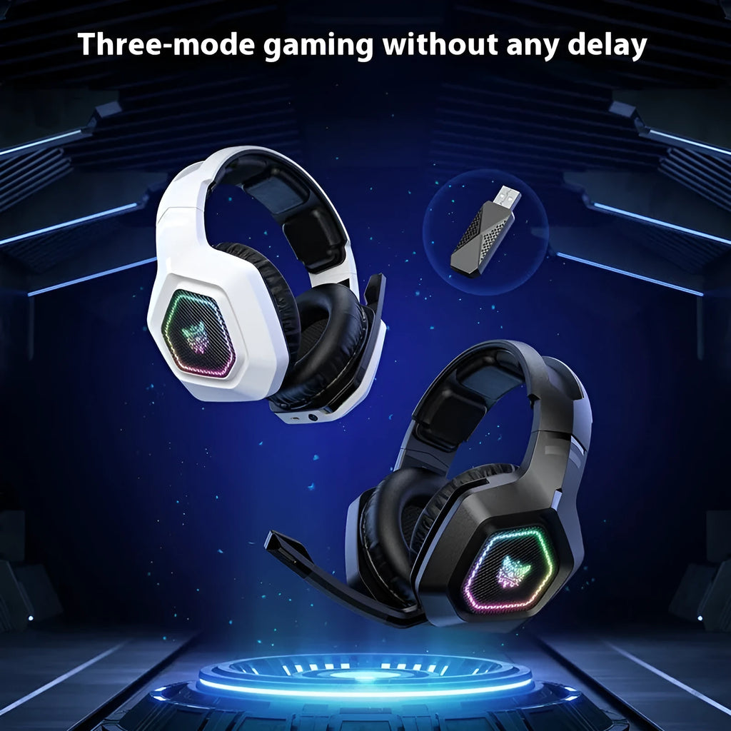Black and white wireless gaming headset with RGB lights, showing 2.4G receiver and charging cable.