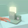 3-in-1 Qi wireless charging stand with folding design in dark green colour charging phone, AirPods, and Apple Watch