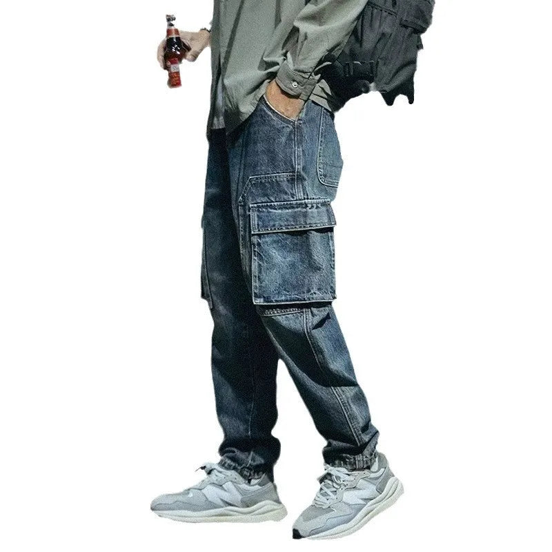Men's blue loose straight-leg retro stretch denim trousers with zip fly placket