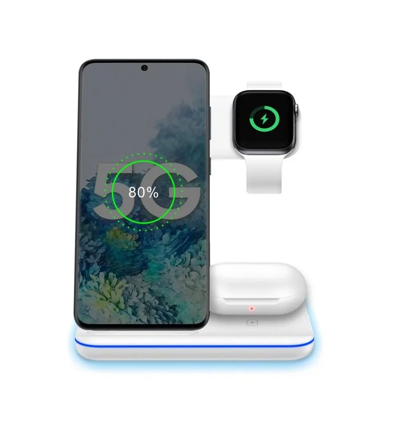 White three-in-one desktop wireless charging stand for mobile phone, smartwatch, and wireless earbuds.