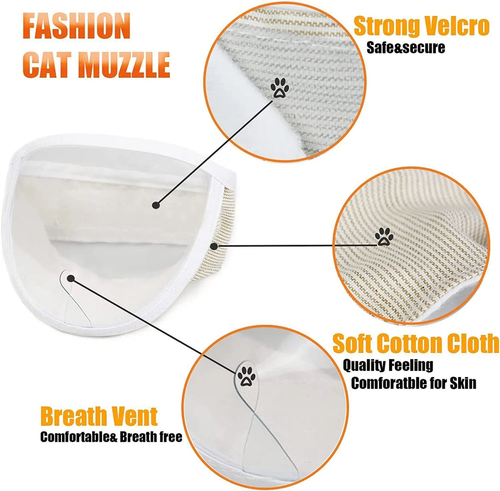 Clear PVC and cotton cat muzzle mask with central breathing hole shown on S and M sizes.