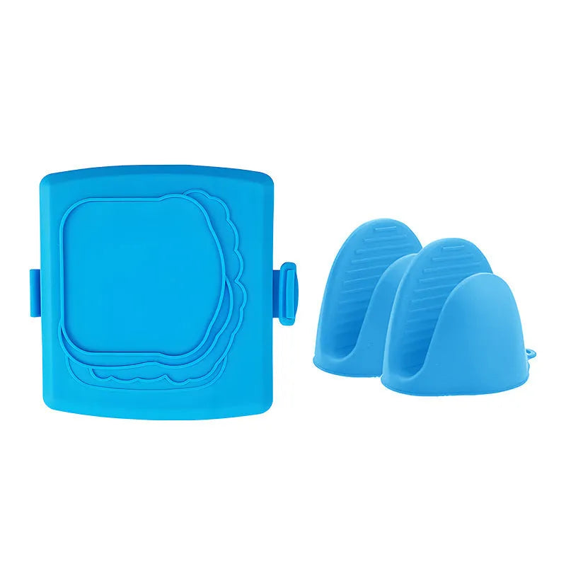 Red silicone baking tray with matching hand clamp set for anti-scald kitchen protection
