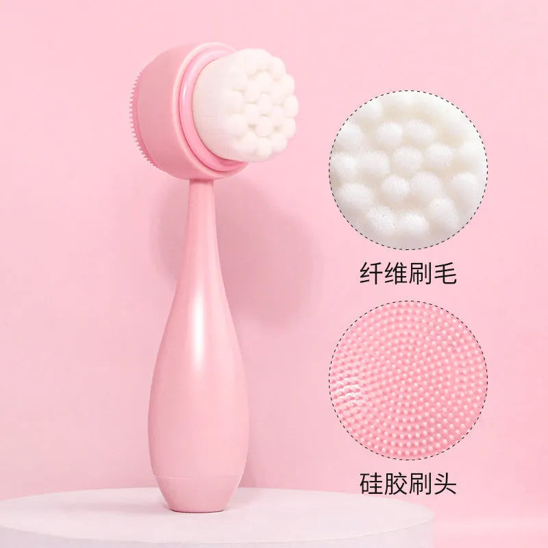 Purple, grey, white, and pink facial brush set with coral fleece hair band and nylon bristles.