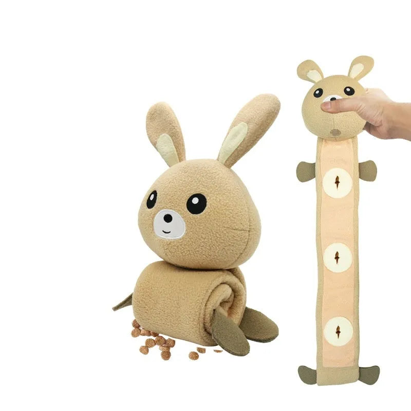 Plush fleece rabbit dog training toy with food hiding compartments measuring 650mm