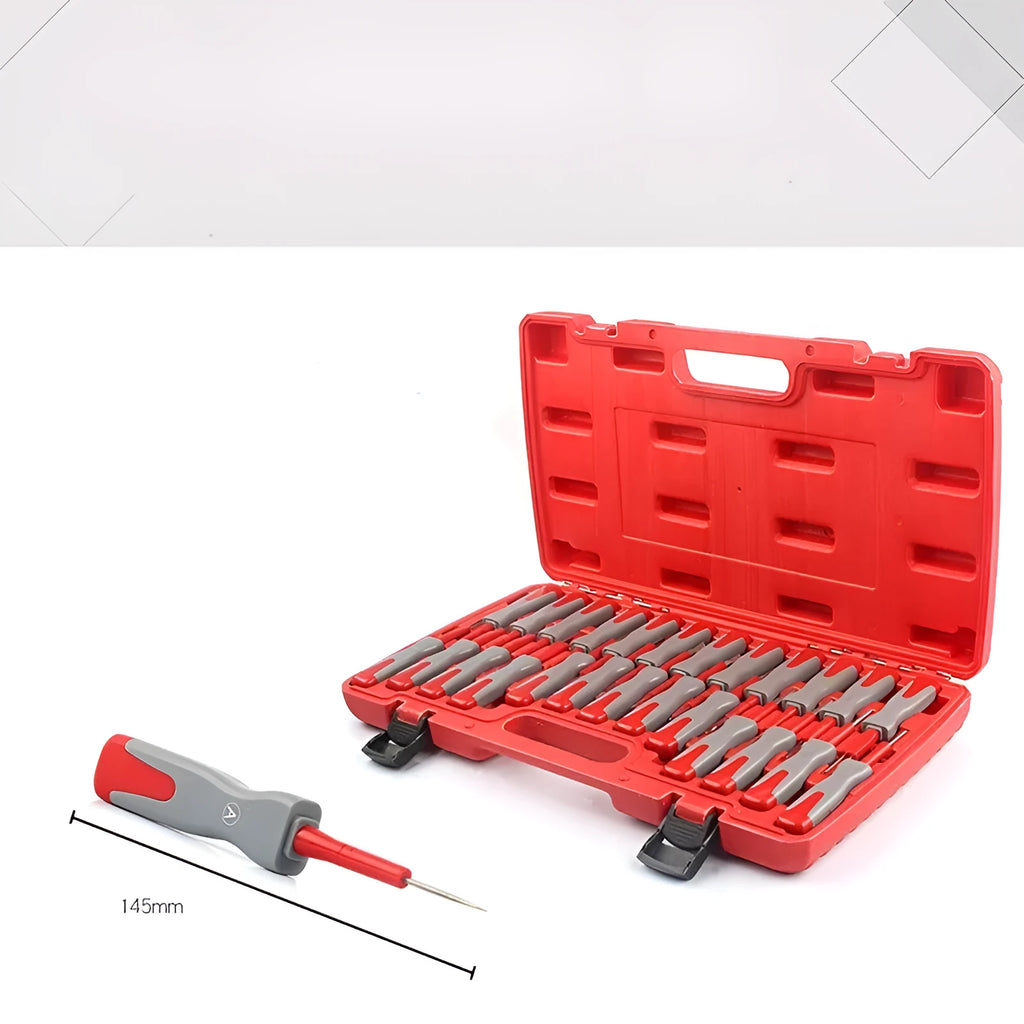 Set of 25 car terminal removal tools and pull-out keys for electrical harness disassembly.