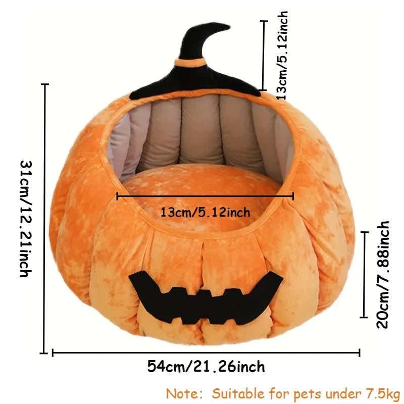 Orange plush Halloween pumpkin cat bed with cartoon devil face for small dogs
