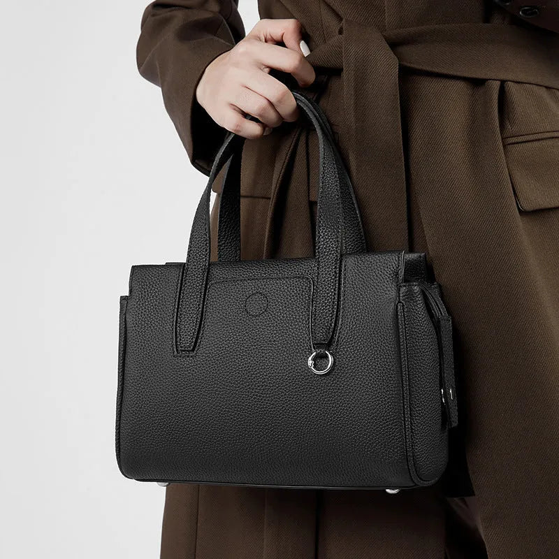 Genuine leather cowhide crossbody bag in horizontal square design with polyester cotton lining