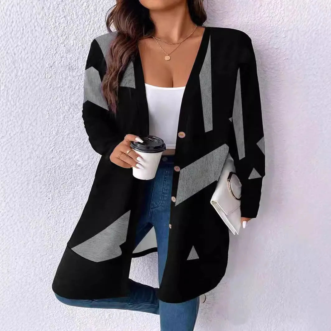 Black plus size casual cardigan coat with button stitching printing and regular sleeves