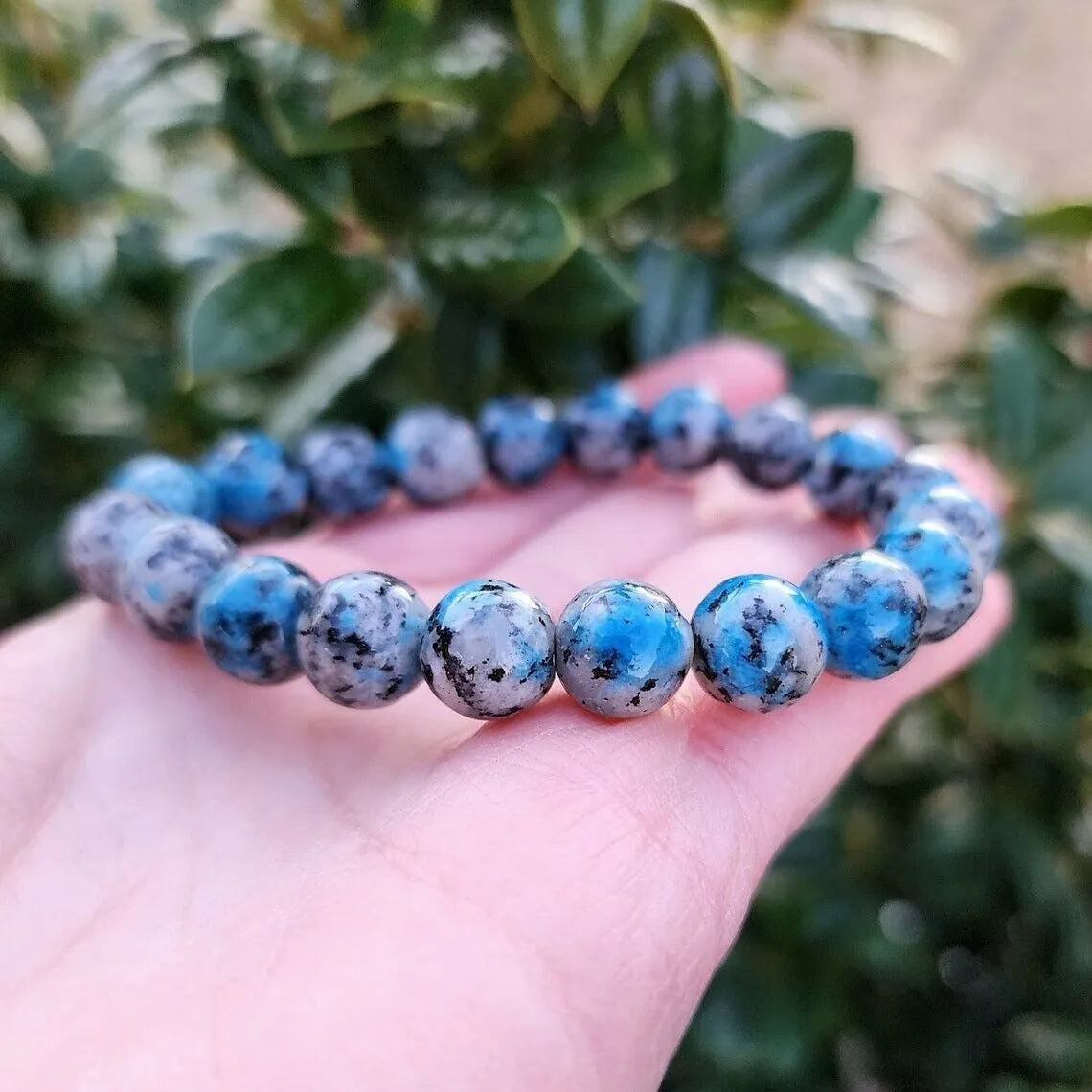 Handmade geometric bracelet made from natural K2 azurite stone beads.