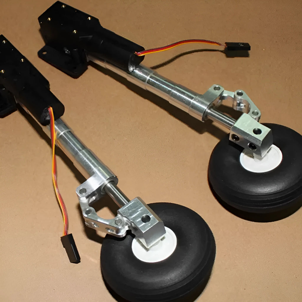 Alloy retractable shock-absorbing landing gear for toy electric aircraft with wheels.