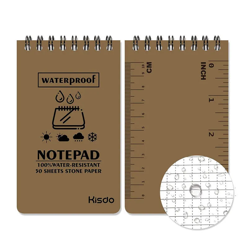 A5 spiral-bound waterproof notepad in camouflage colour, showing PP cover and stone paper pages.