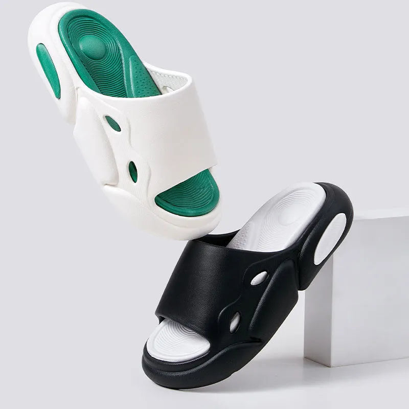 Two-colour thick-soled EVA slippers with leather lining in pink purple, white green, and black white colour options.