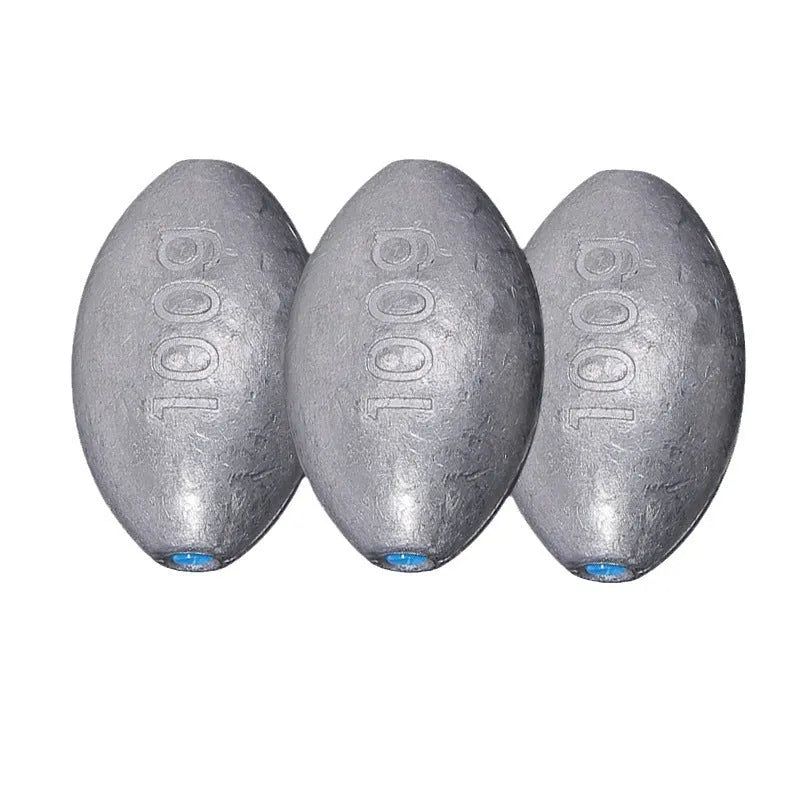 Tongxin olive lead fishing sinker with scale pattern and plastic core in rugby shape.