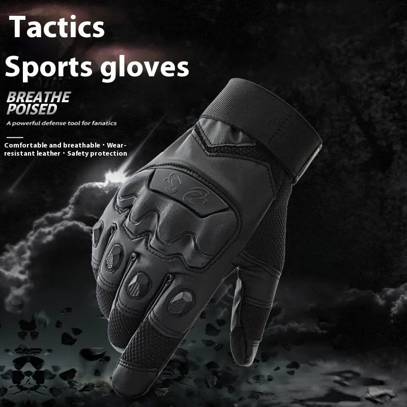Men's black tactical training gloves with full finger design and touch screen fingertips.