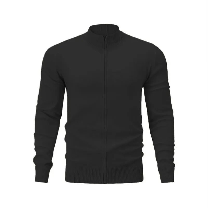 Casual cotton zip-front cardigan sweater with a stand collar in a loose fit.