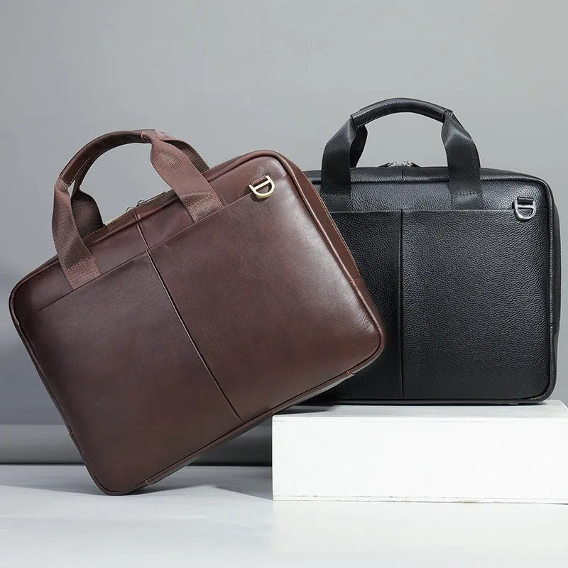 Genuine leather large capacity horizontal briefcase for men in black with sewing line detailing, first layer cowhide