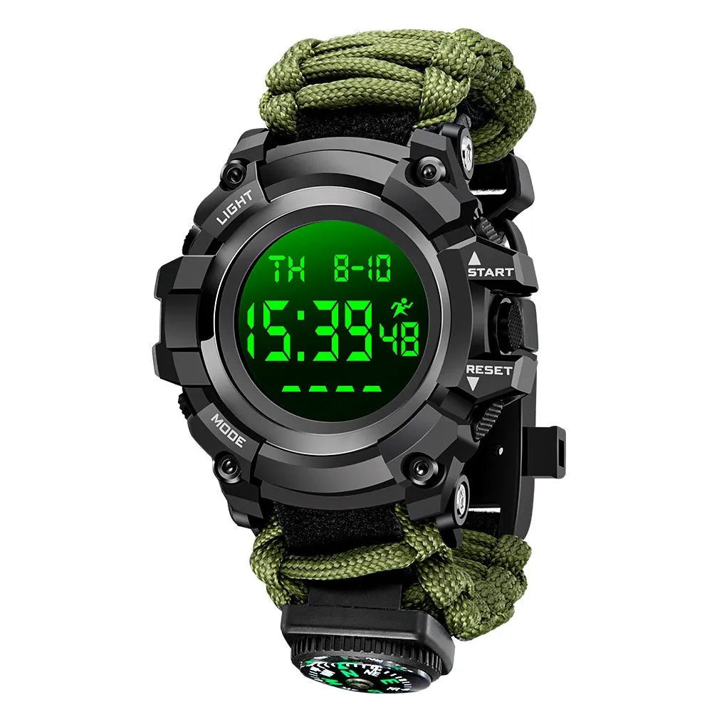 Double display electronic watch for men with compass, thermometer, whistle, and ignition on 1.3 inch screen