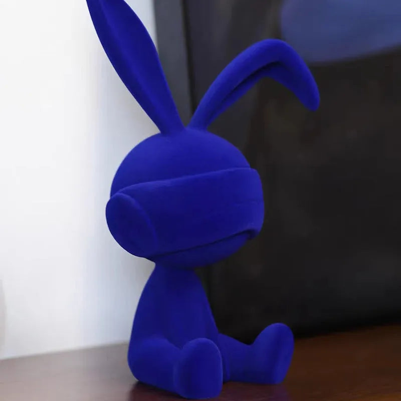 Suede blindfold rabbit resin table ornament in blue, green, or red colours