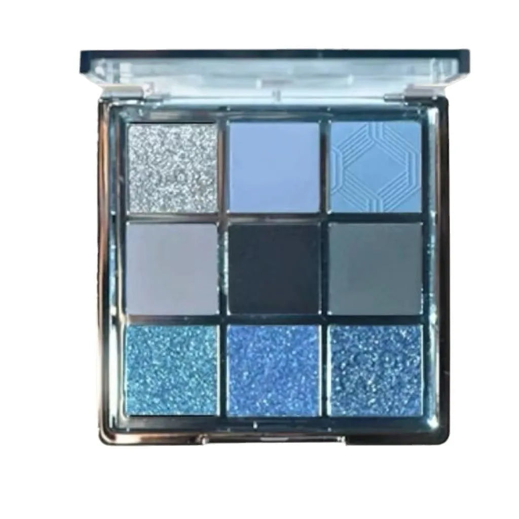MUGELEEN nine-colour eye shadow palette showing matte, shimmer and diamond debris textures in cool tones