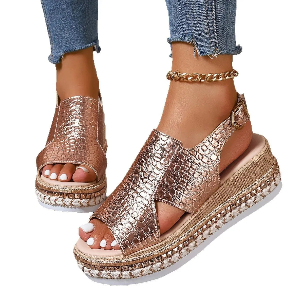 Gold roman sandals with round toe, ankle buckle, and hollow-out patterns on PU upper