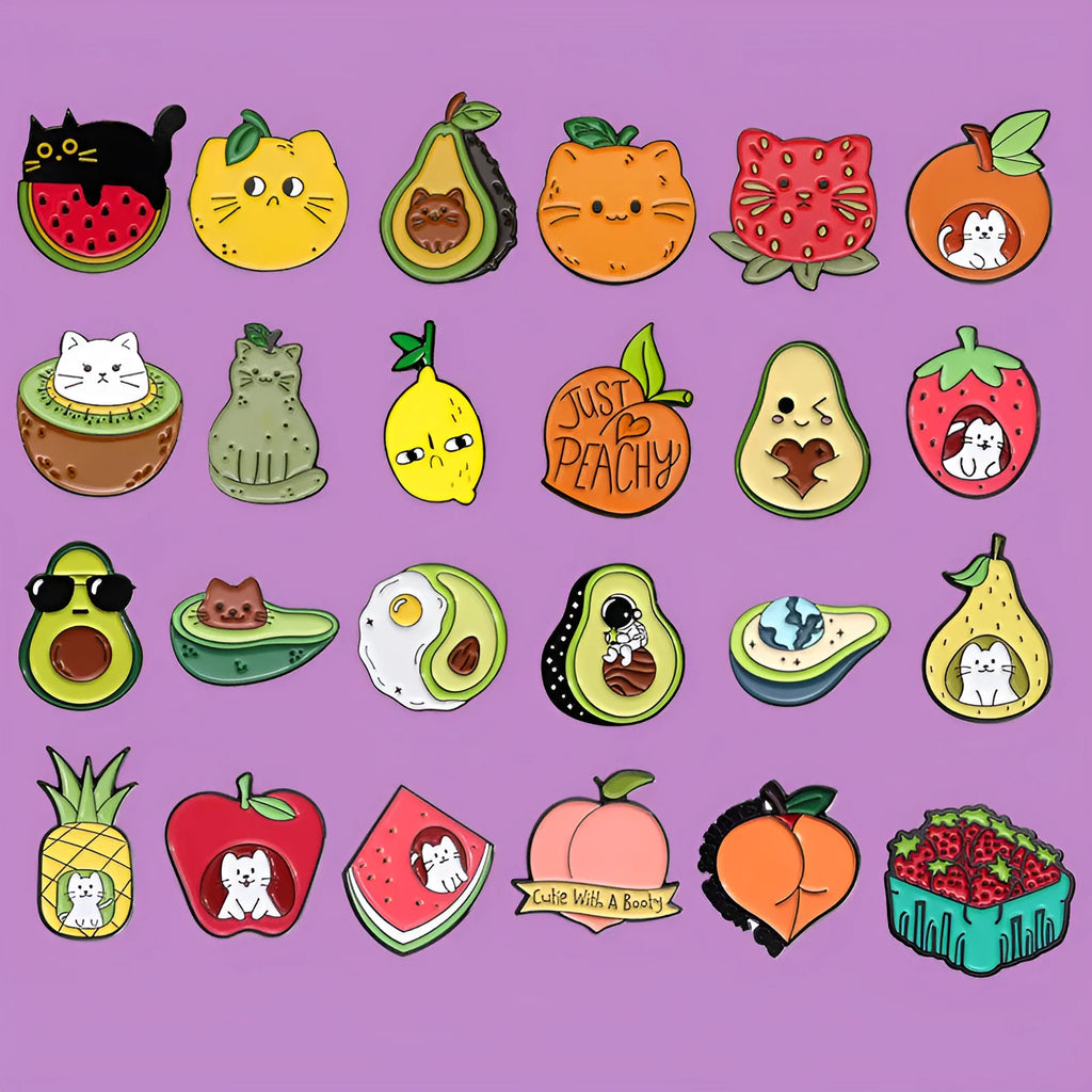 Cartoon colourful fruit metal brooch in zinc alloy with letter styling
