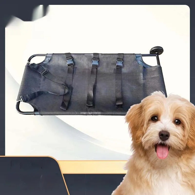 Black foldable aluminium alloy pet stretcher shown folded and unfolded, for large dog transport.