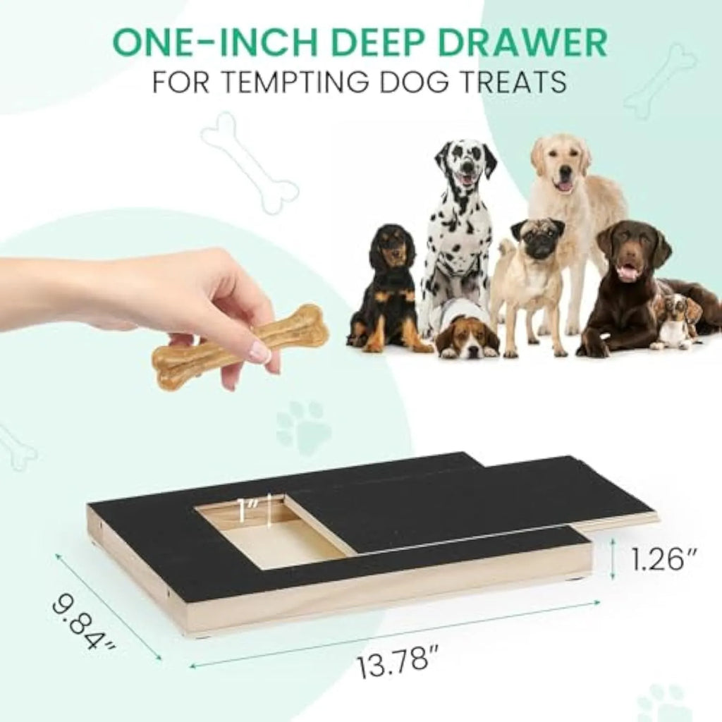Black dog nail scratch board with treat drawer on wooden floor with non-slip pads