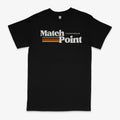 Black men's T-shirt with a 3D printed text design, short sleeves, and a round neck.