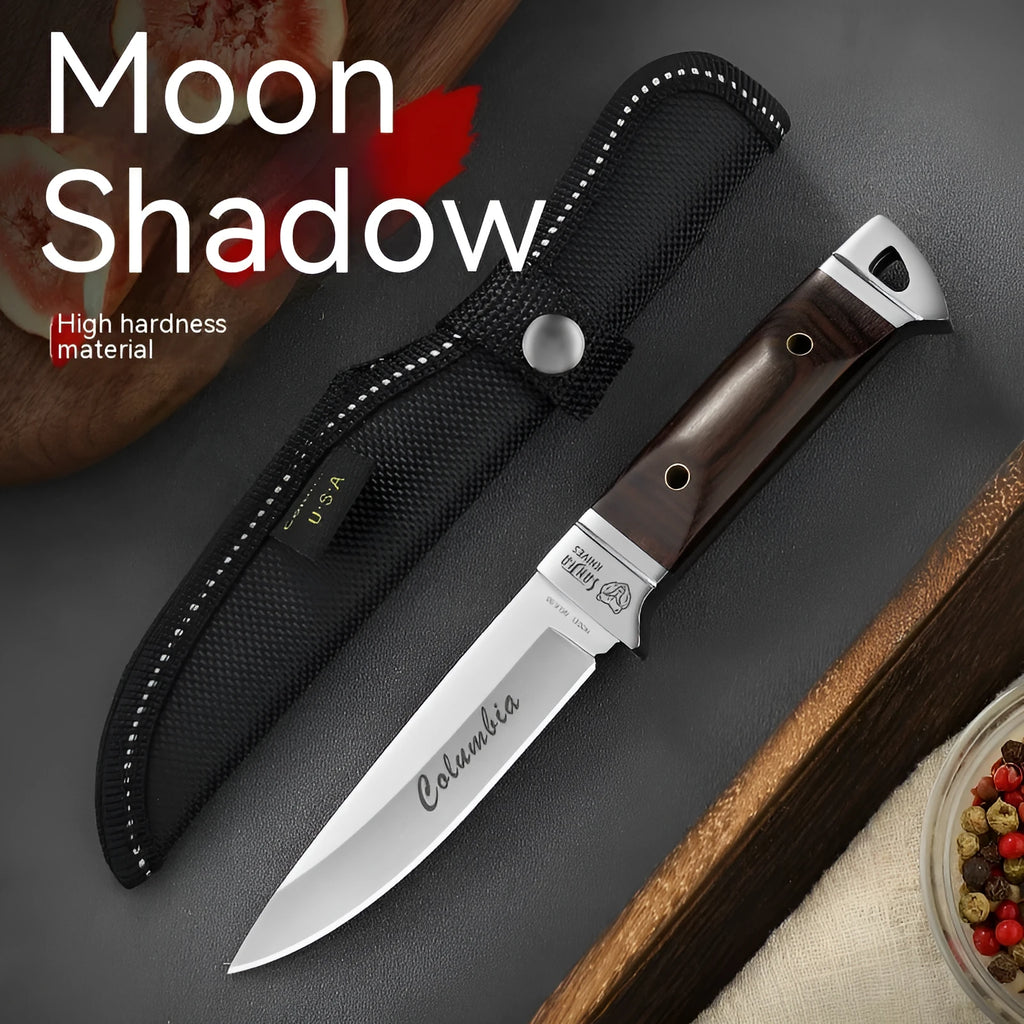 Camping portable fruit knife with stainless steel blade and brown leather case.