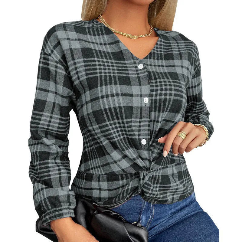 Women's purple, grey, and red loose-fit plaid casual shirt with long sleeves.