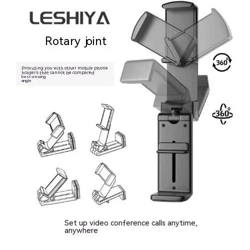 Foldable rotating phone holder in black, shown in use with a mobile phone on a desk