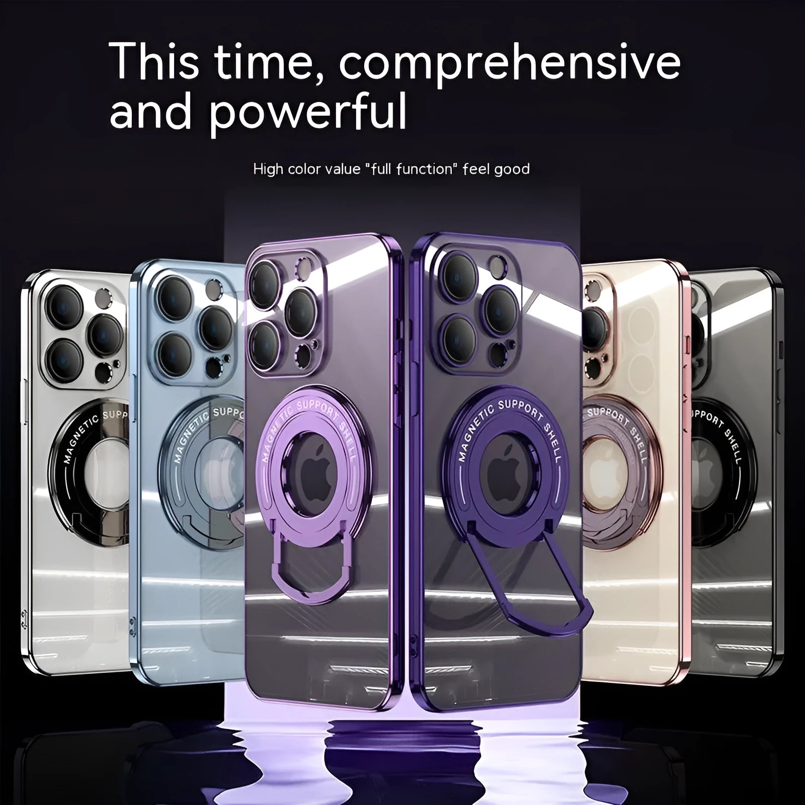 Transparent magnetic iPhone case with retractable stand pulled out, shown in far peak blue colour