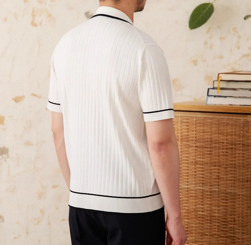 Men's slim-fit short sleeve polo shirt with lapel collar in black or white.