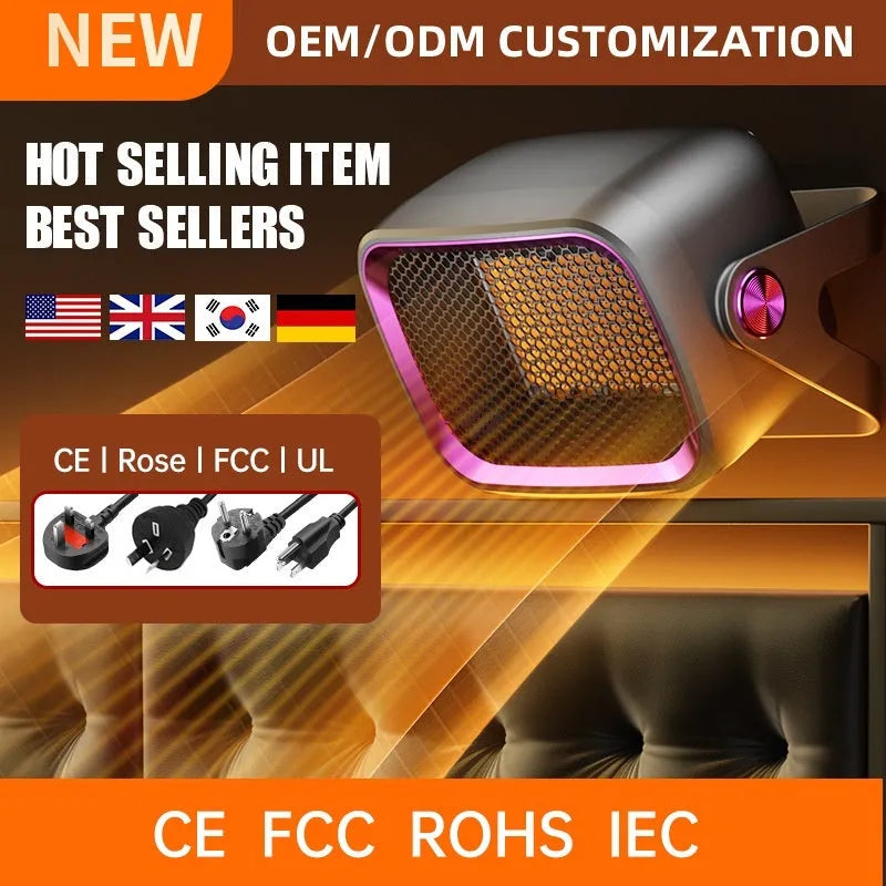 White compact desktop electric heater with rotatable base and push-button controls on front.
