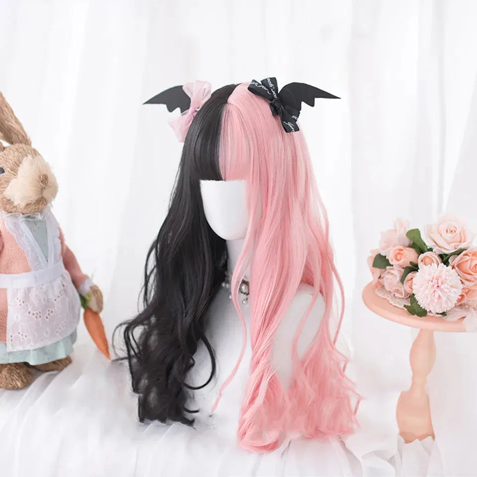 Harajuku Lolita wig with long black and pink curly hair and fringe bangs for cosplay