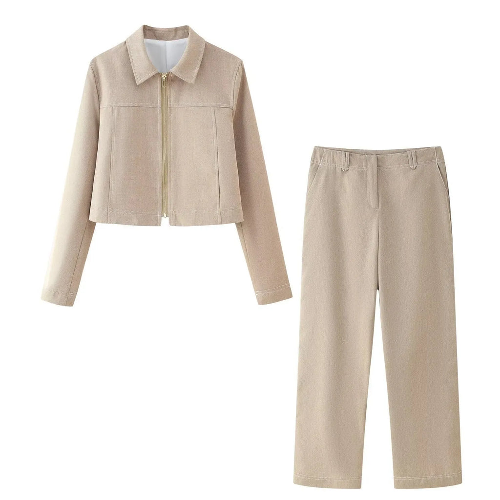 Women's summer suit set with 3D herringbone pattern embroidery on jacket and trousers